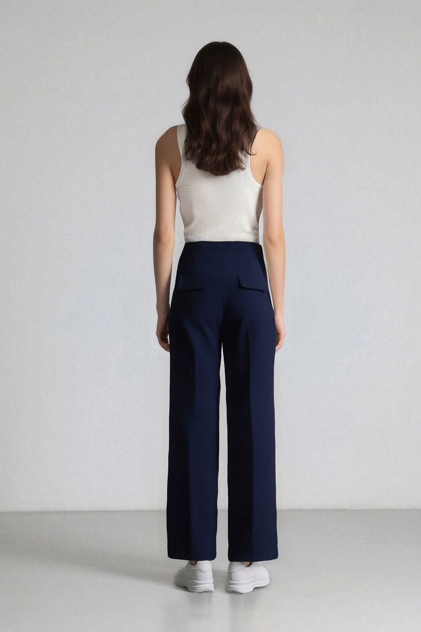 FEMME Marin Pantalon large taille haute à Coupe droite