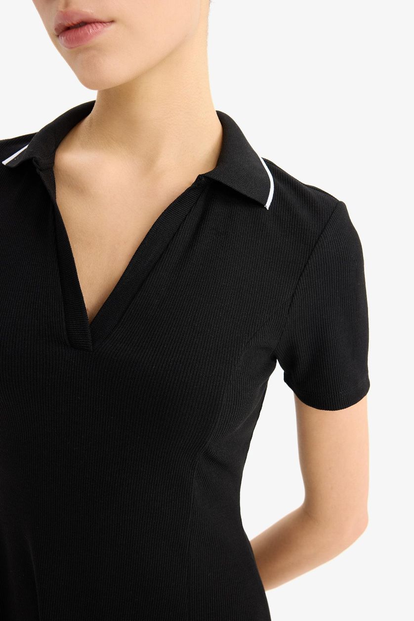 Kadın Siyah Polo Yaka Fitilli Kaşkorse Kısa Kollu Mini Elbise