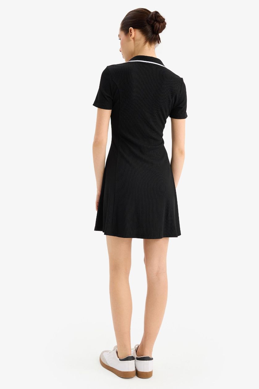 Kadın Siyah Polo Yaka Fitilli Kaşkorse Kısa Kollu Mini Elbise