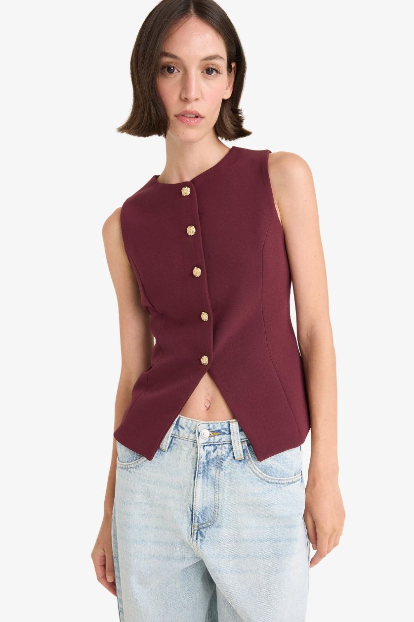 Woman Bordeaux Slim Fit Crew Neck Vest