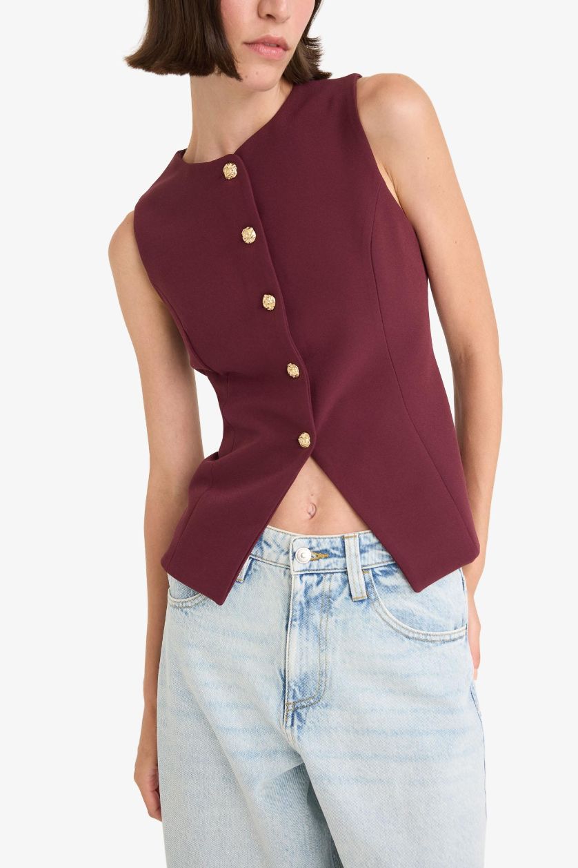 Woman Bordeaux Slim Fit Crew Neck Vest