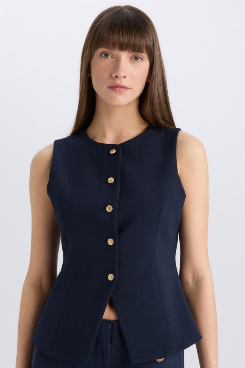 Kadın Lacivert Regular Fit Bisiklet Yaka Düğmeli Blazer Yelek