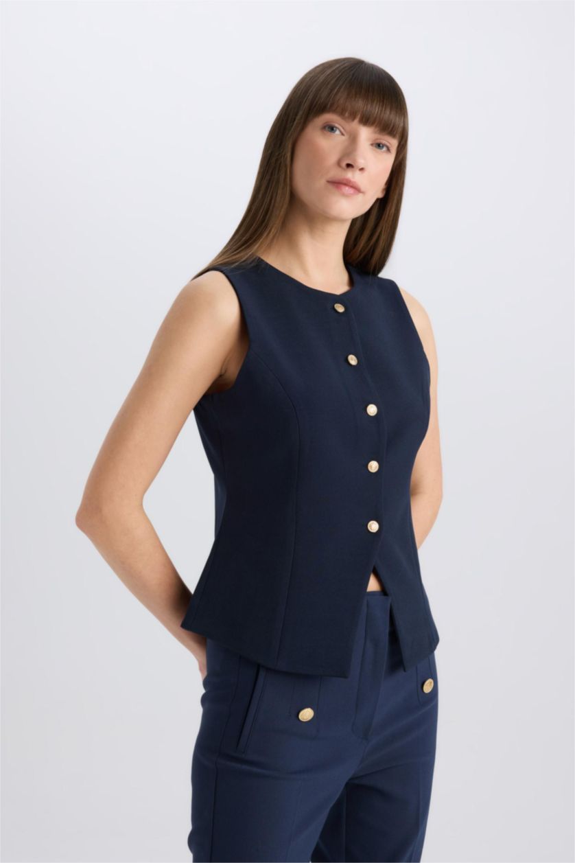 Kadın Lacivert Regular Fit Bisiklet Yaka Düğmeli Blazer Yelek