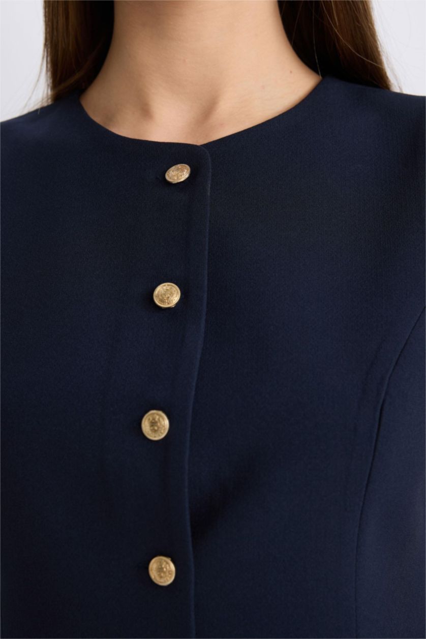 Kadın Lacivert Regular Fit Bisiklet Yaka Düğmeli Blazer Yelek