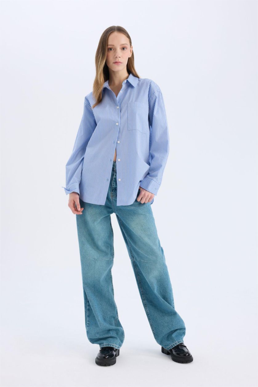 Kadın Mavi Oversize Geniş Kalıp Çizgili Poplin Uzun Kollu Gömlek