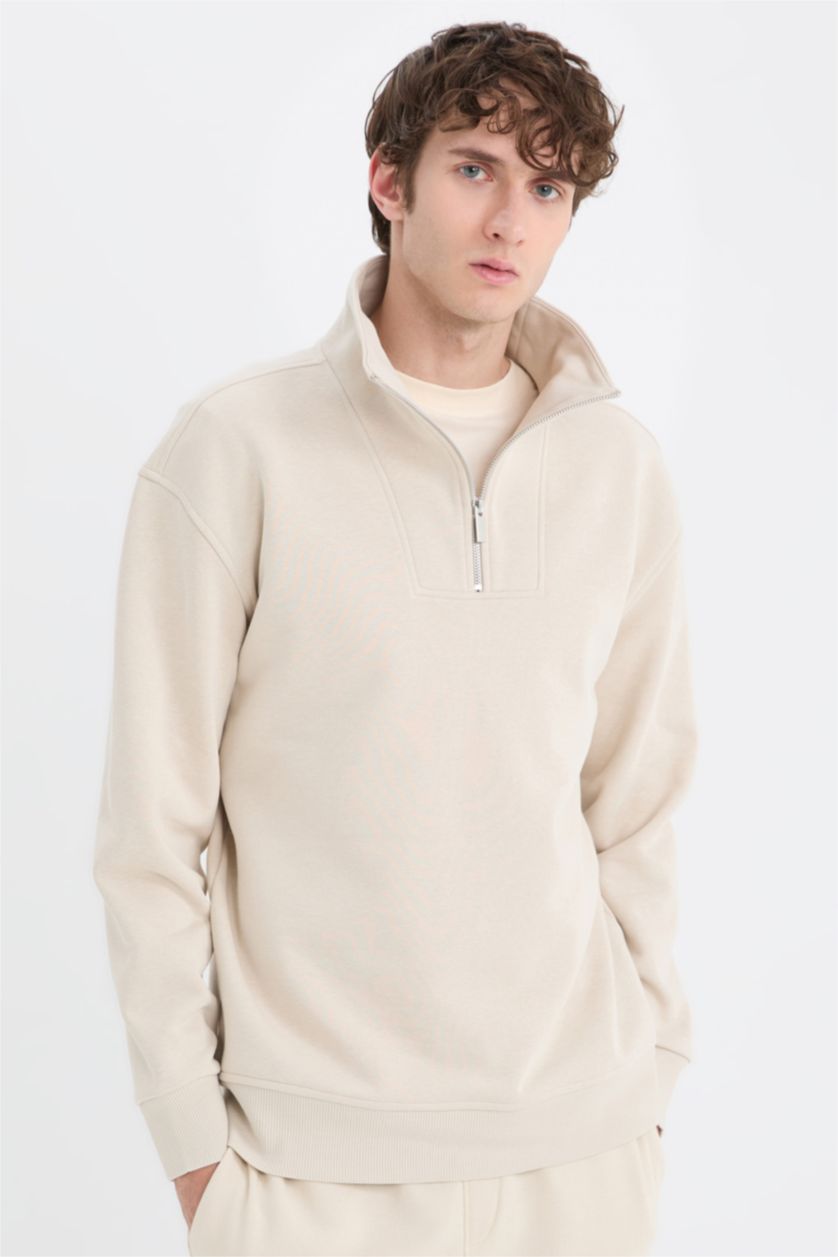 Erkek Taş Relax Fit Dik Yaka Fermuarlı Basic Düz Kalın Sweatshirt