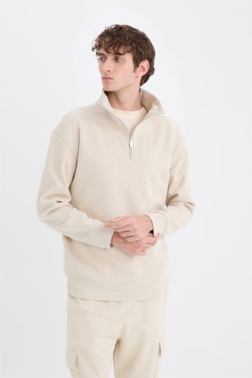 Erkek Taş Relax Fit Dik Yaka Fermuarlı Basic Düz Kalın Sweatshirt