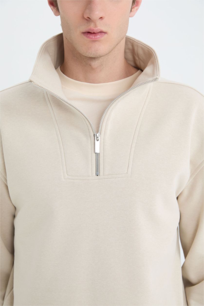 Erkek Taş Relax Fit Dik Yaka Fermuarlı Basic Düz Kalın Sweatshirt
