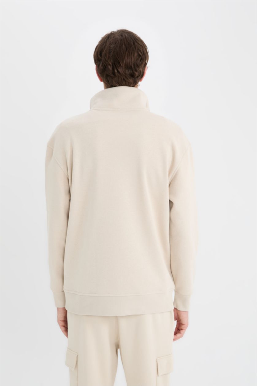 Erkek Taş Relax Fit Dik Yaka Fermuarlı Basic Düz Kalın Sweatshirt