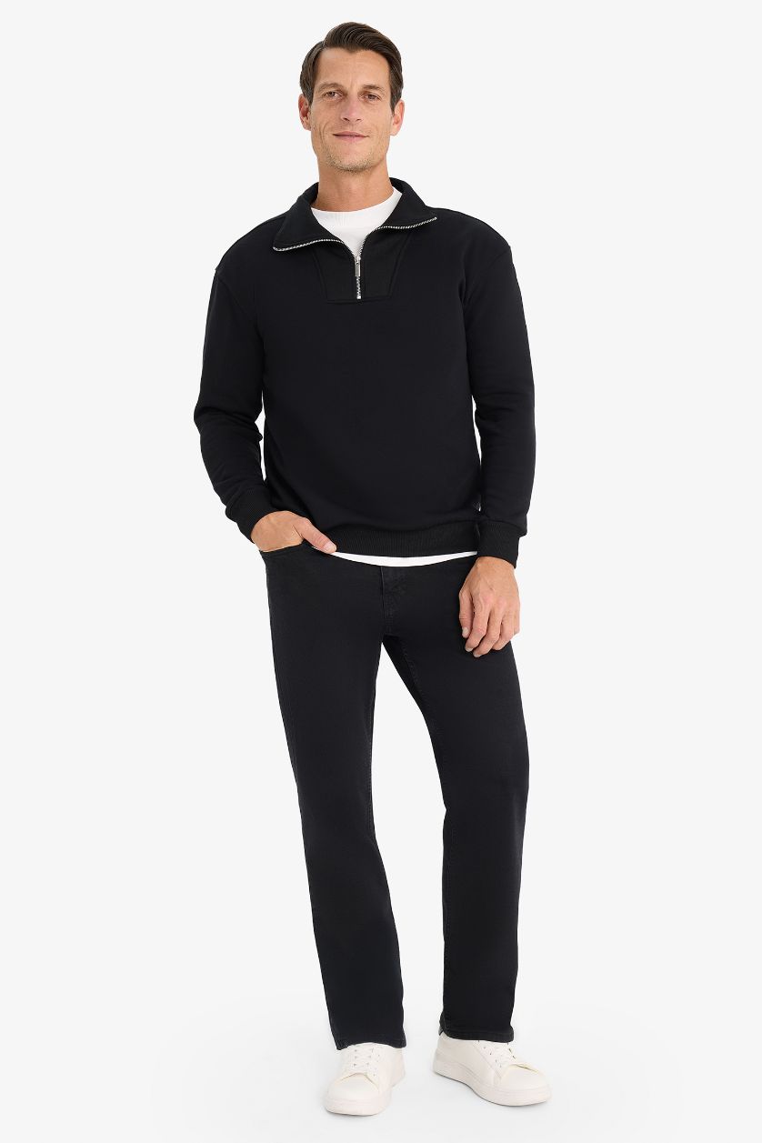 Erkek Siyah Relax Fit Dik Yaka Fermuarlı Basic Düz Kalın Sweatshirt
