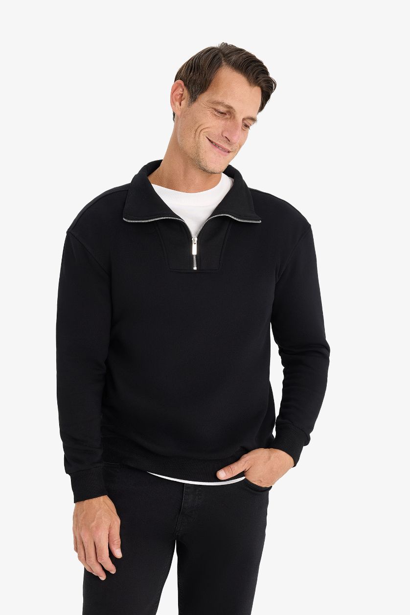 Erkek Siyah Relax Fit Dik Yaka Fermuarlı Basic Düz Kalın Sweatshirt