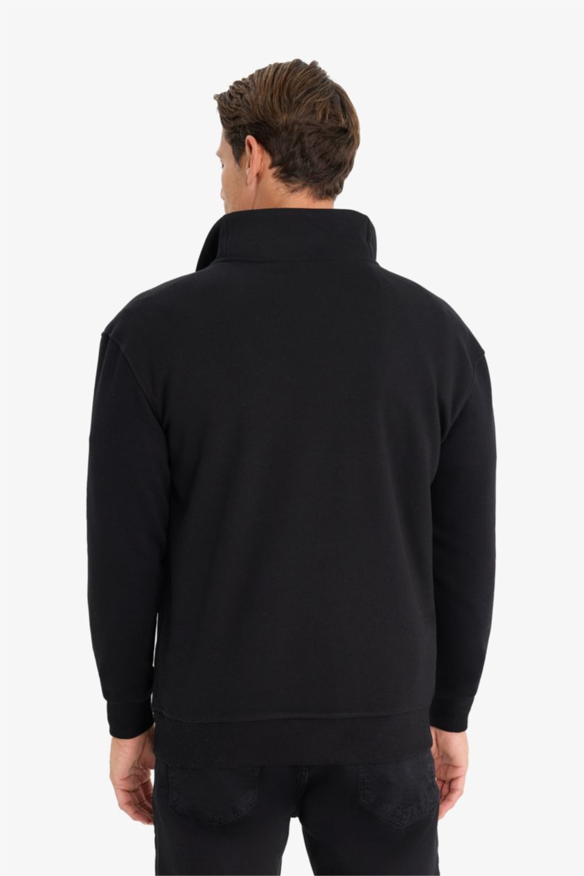 Erkek Siyah Relax Fit Dik Yaka Fermuarlı Basic Düz Kalın Sweatshirt