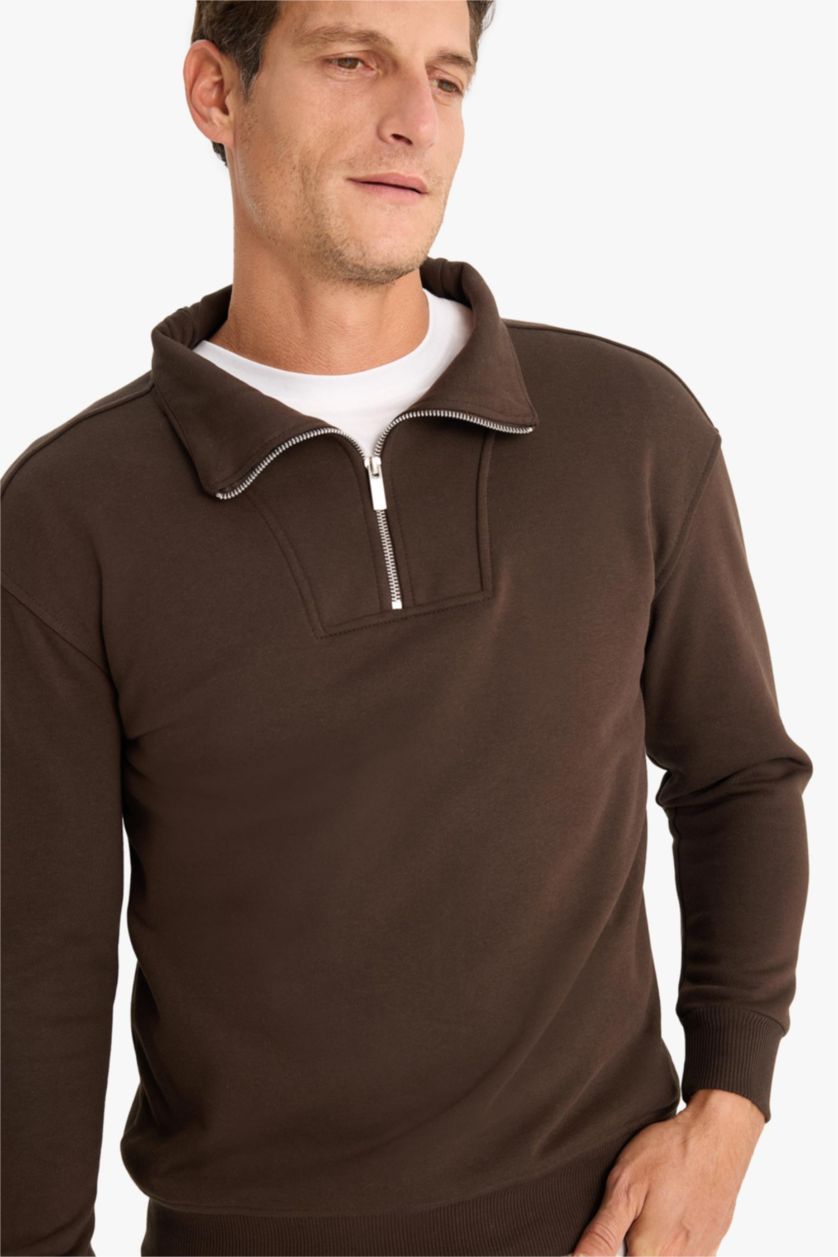 Erkek Kahve Relax Fit Dik Yaka Fermuarlı Basic Düz Kalın Sweatshirt