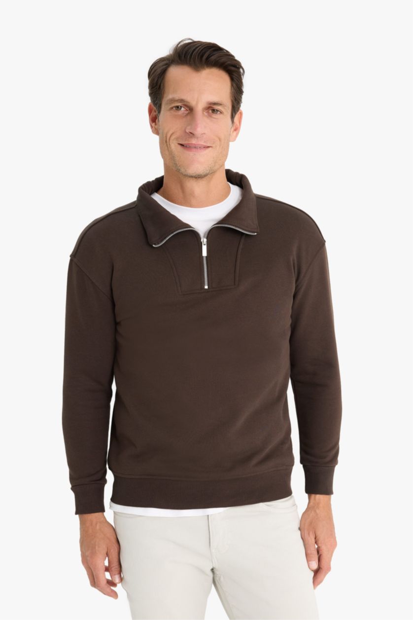 Erkek Kahve Relax Fit Dik Yaka Fermuarlı Basic Düz Kalın Sweatshirt