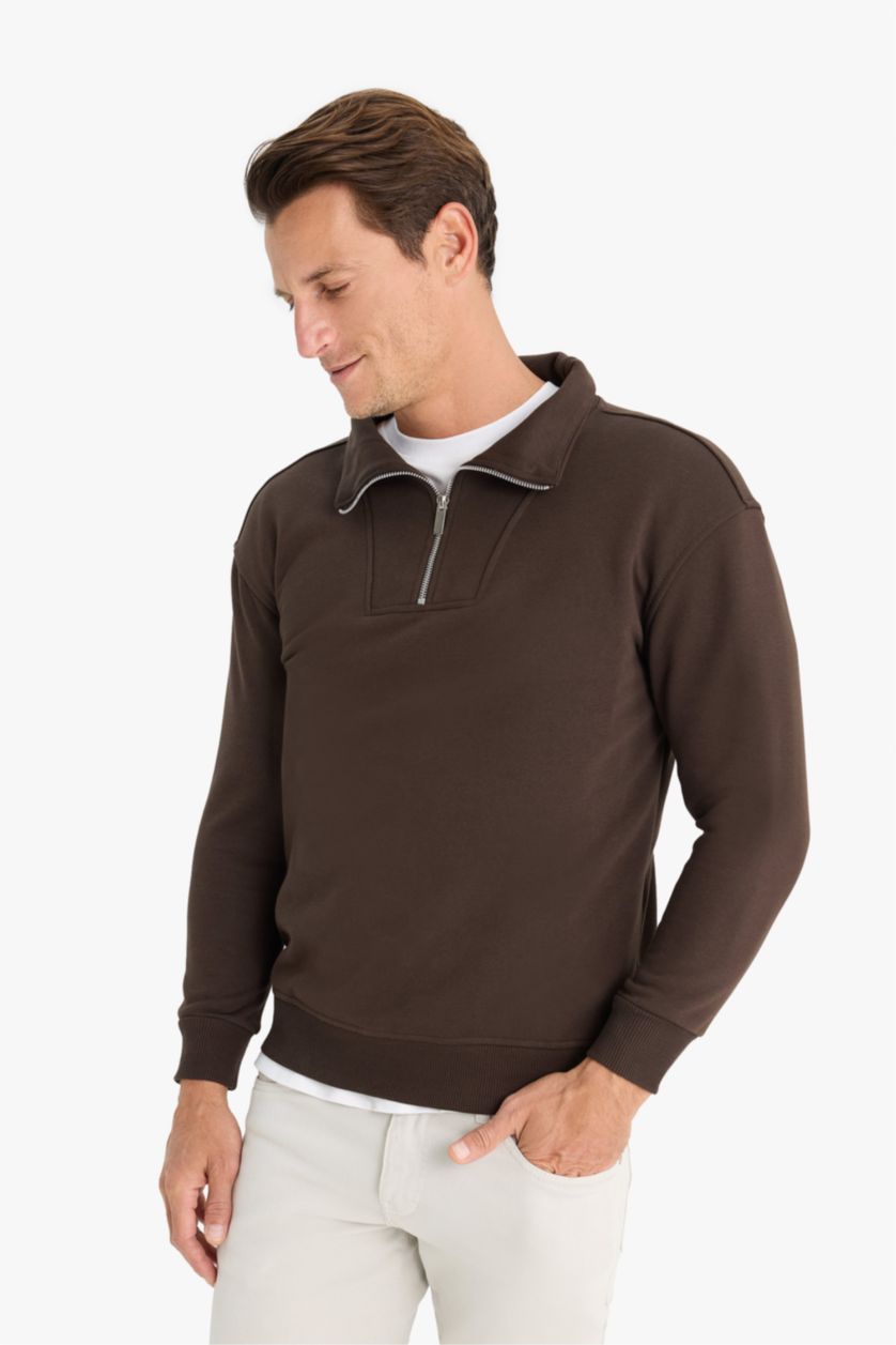 Erkek Kahve Relax Fit Dik Yaka Fermuarlı Basic Düz Kalın Sweatshirt