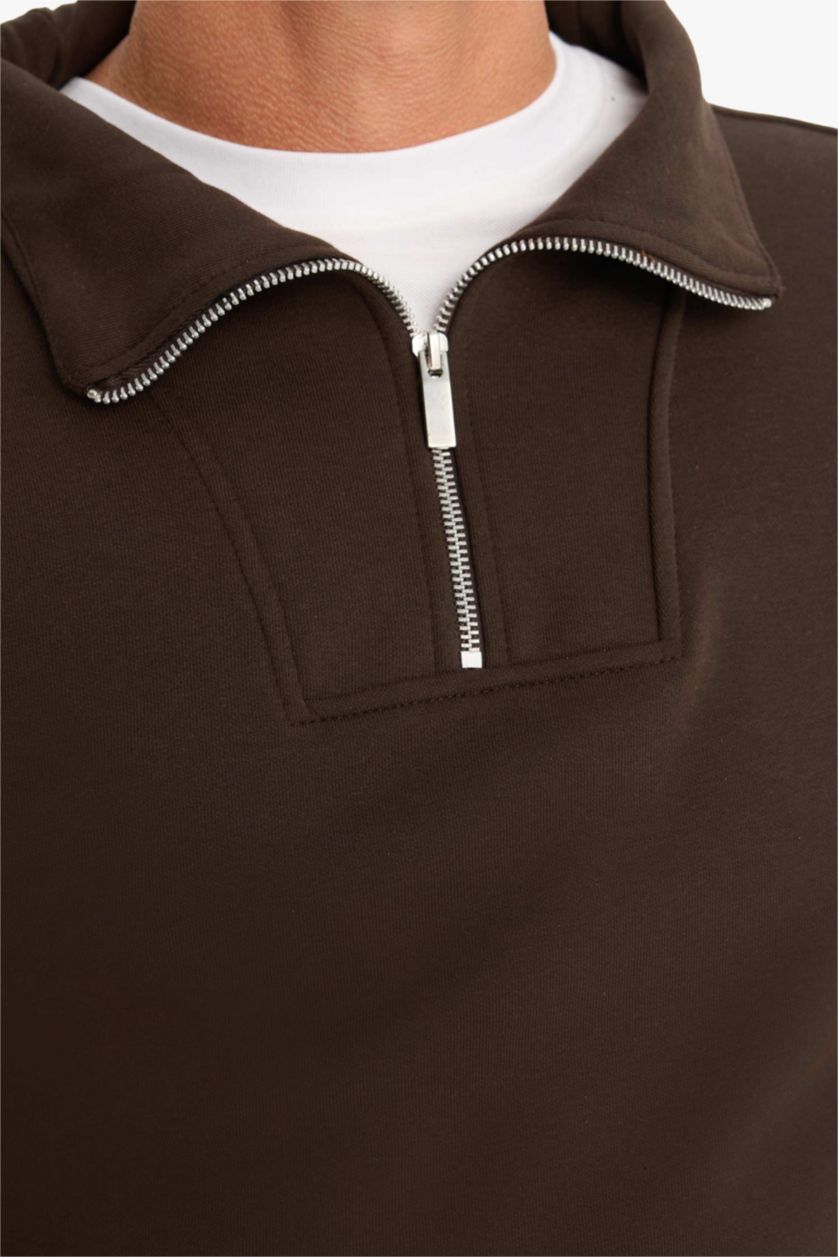 Erkek Kahve Relax Fit Dik Yaka Fermuarlı Basic Düz Kalın Sweatshirt