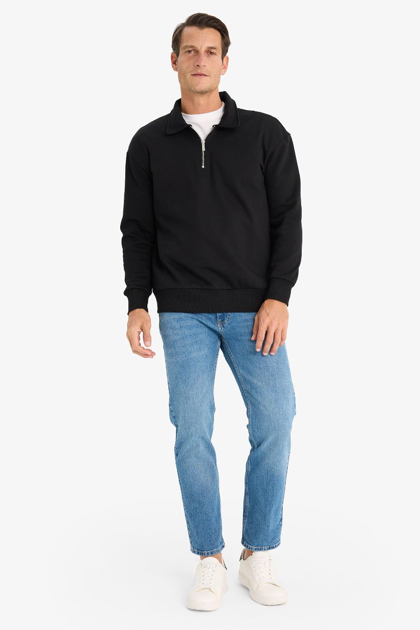Erkek Siyah Relax Fit Polo Yaka Fermuarlı Basic Düz Kalın Sweatshirt