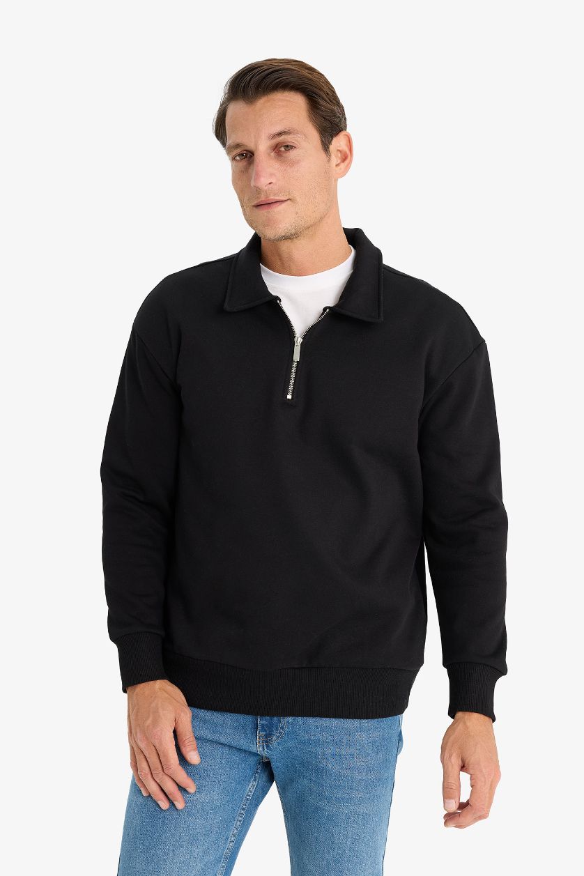Erkek Siyah Relax Fit Polo Yaka Fermuarlı Basic Düz Kalın Sweatshirt