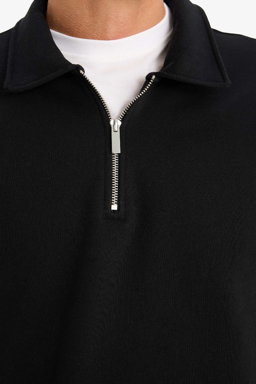 Erkek Siyah Relax Fit Polo Yaka Fermuarlı Basic Düz Kalın Sweatshirt