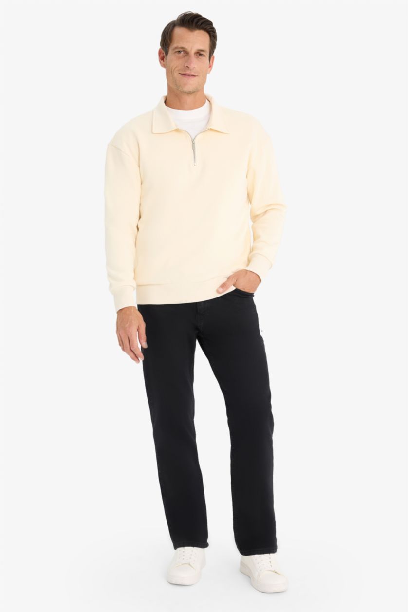 Erkek Ekru Relax Fit Polo Yaka Fermuarlı Basic Düz Kalın Sweatshirt