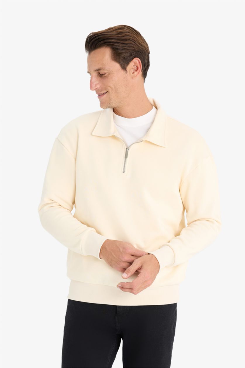 Erkek Ekru Relax Fit Polo Yaka Fermuarlı Basic Düz Kalın Sweatshirt