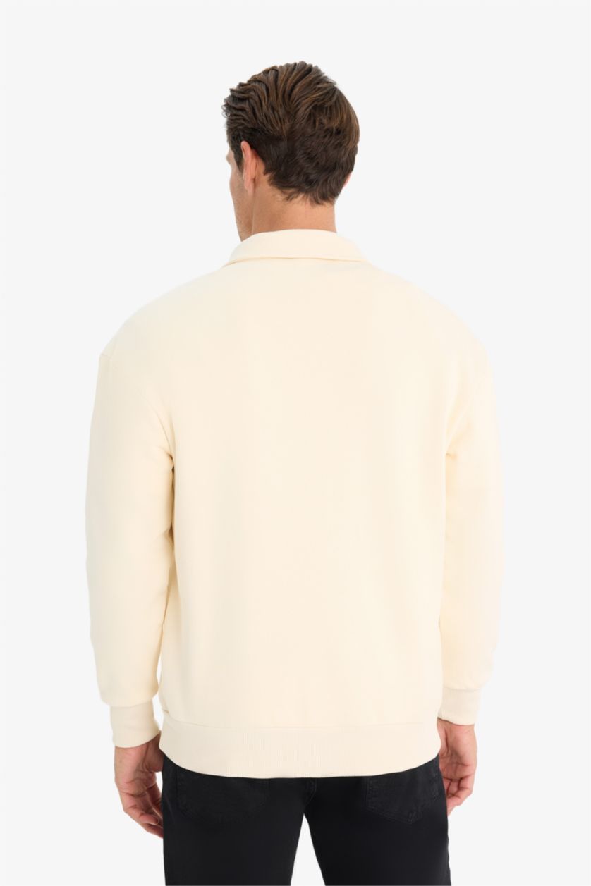 Erkek Ekru Relax Fit Polo Yaka Fermuarlı Basic Düz Kalın Sweatshirt