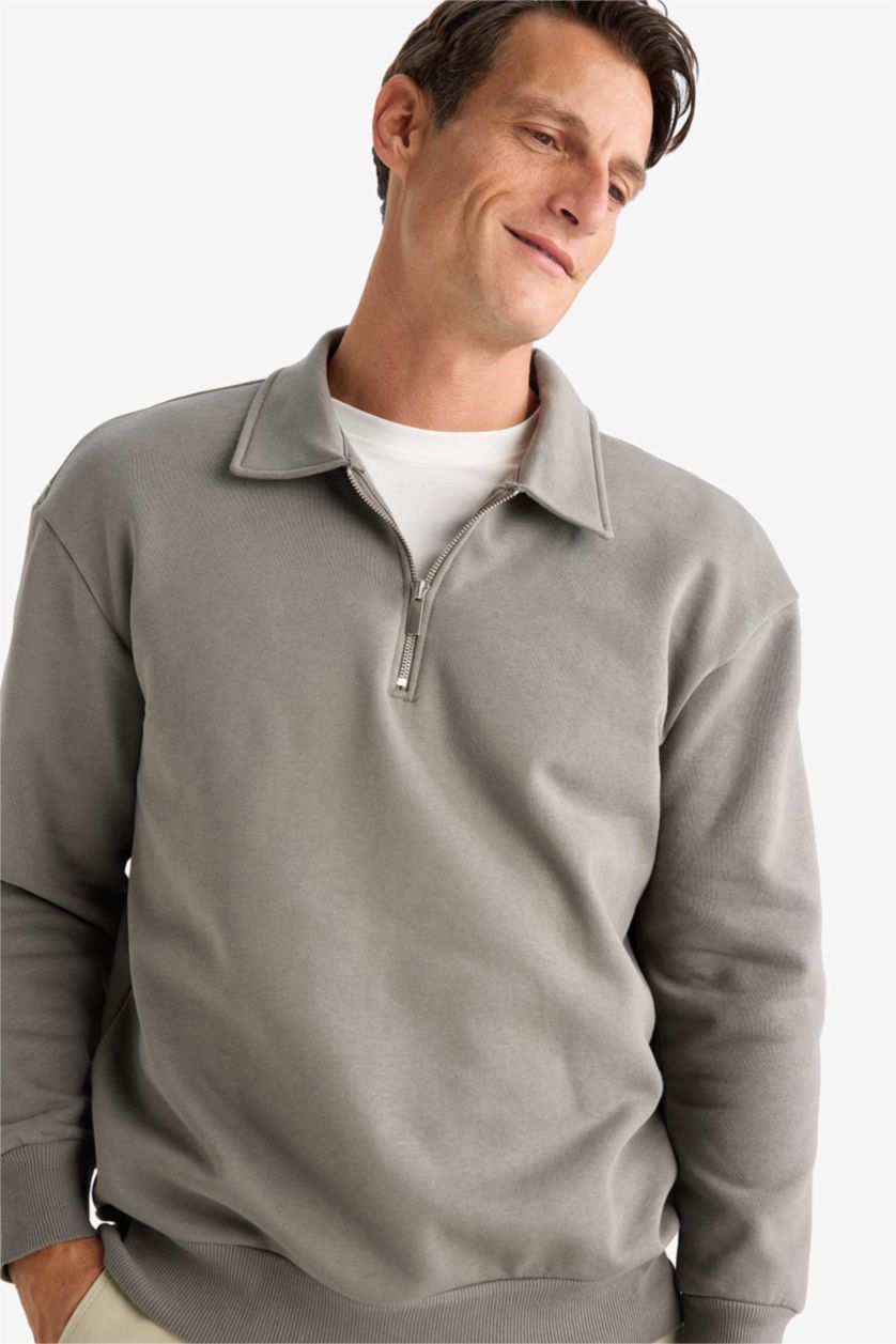 MAN Grey Relax Fit Polo Collar Zippered Basic Thick Sweatshirt