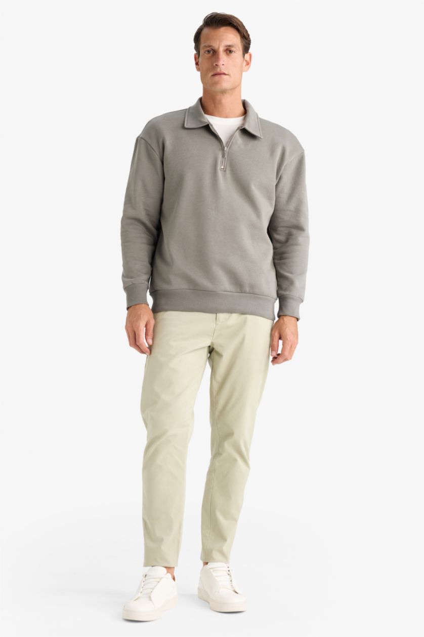 MAN Grey Relax Fit Polo Collar Zippered Basic Thick Sweatshirt