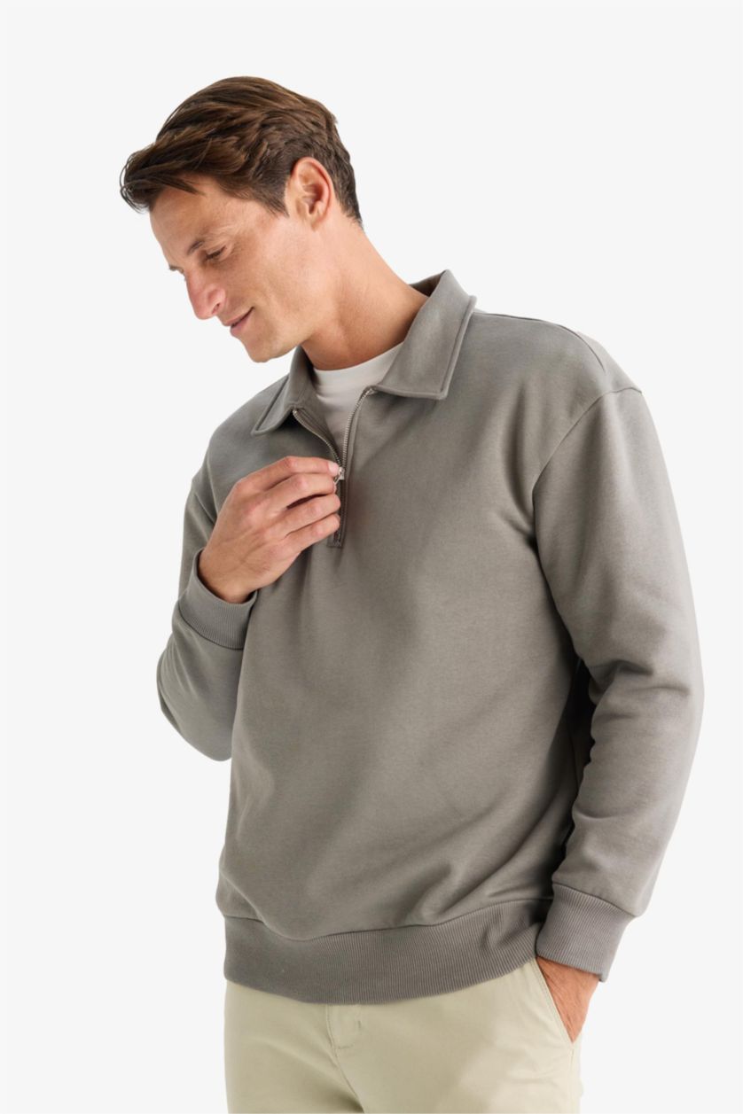 MAN Grey Relax Fit Polo Collar Zippered Basic Thick Sweatshirt
