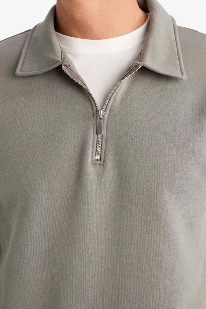 MAN Grey Relax Fit Polo Collar Zippered Basic Thick Sweatshirt