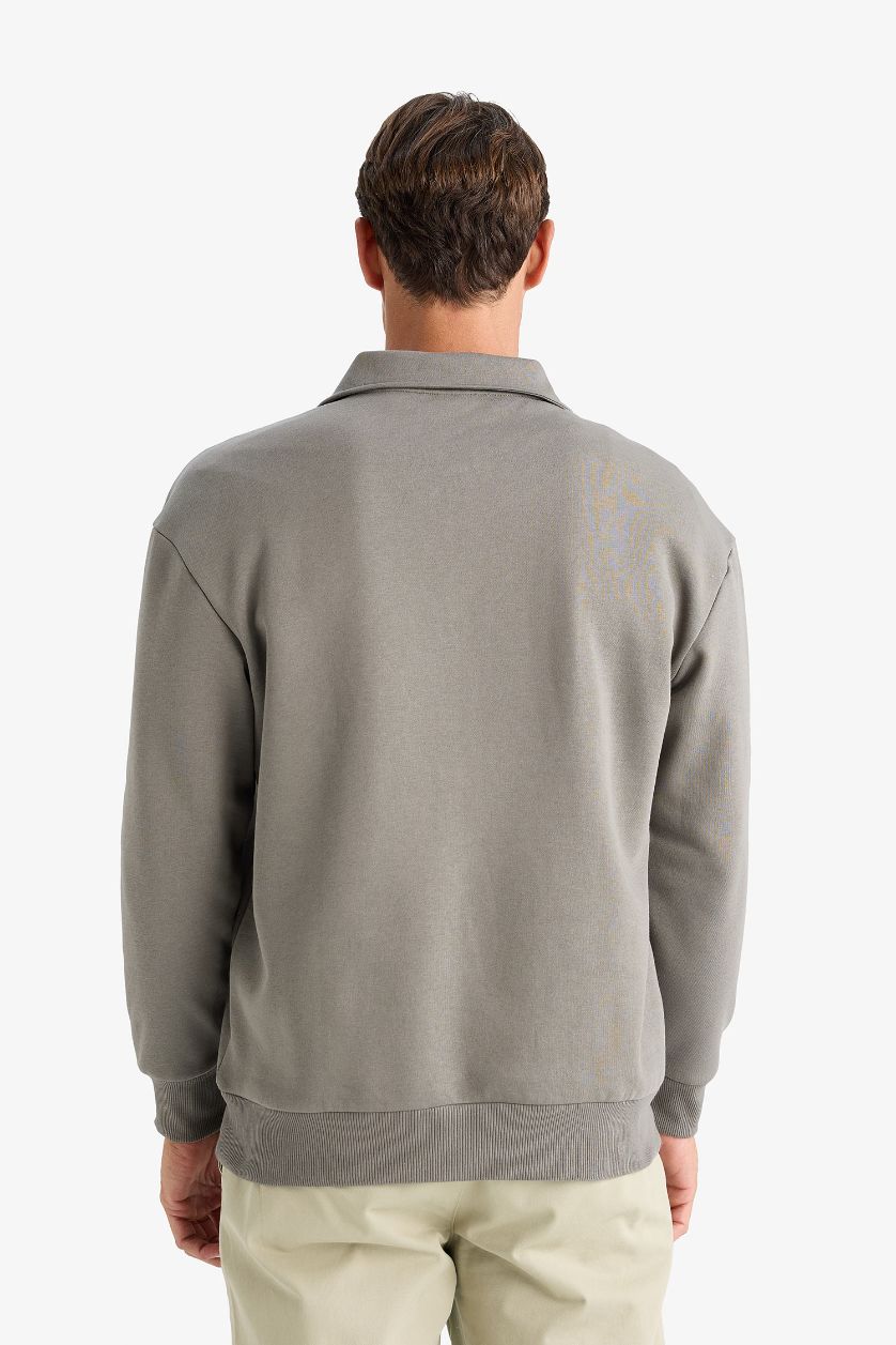 MAN Grey Relax Fit Polo Collar Zippered Basic Thick Sweatshirt