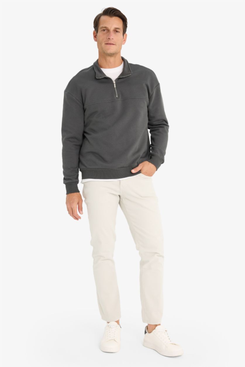 Erkek Antrasit Relax Fit Dik Yaka Fermuarlı Basic Düz Kalın Sweatshirt