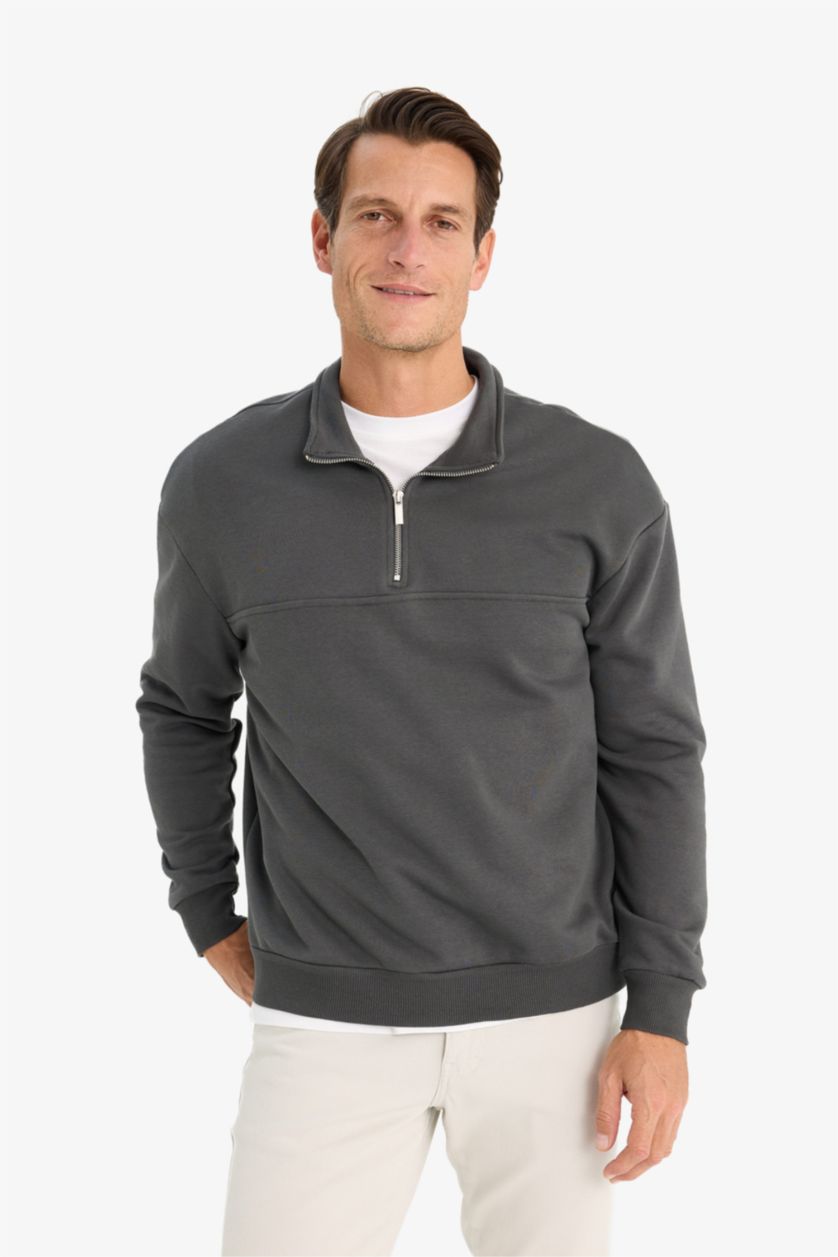Erkek Antrasit Relax Fit Dik Yaka Fermuarlı Basic Düz Kalın Sweatshirt