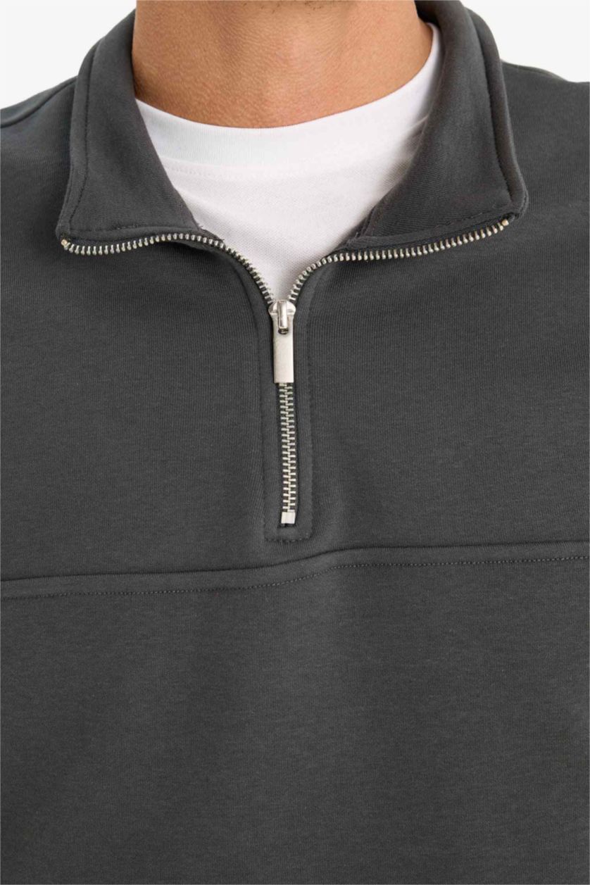 Erkek Antrasit Relax Fit Dik Yaka Fermuarlı Basic Düz Kalın Sweatshirt