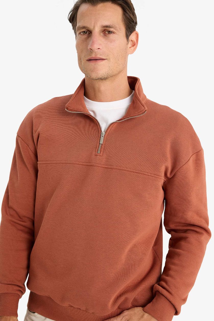 Erkek Açık Kahve Relax Fit Dik Yaka Fermuarlı Basic Düz Kalın Sweatshirt