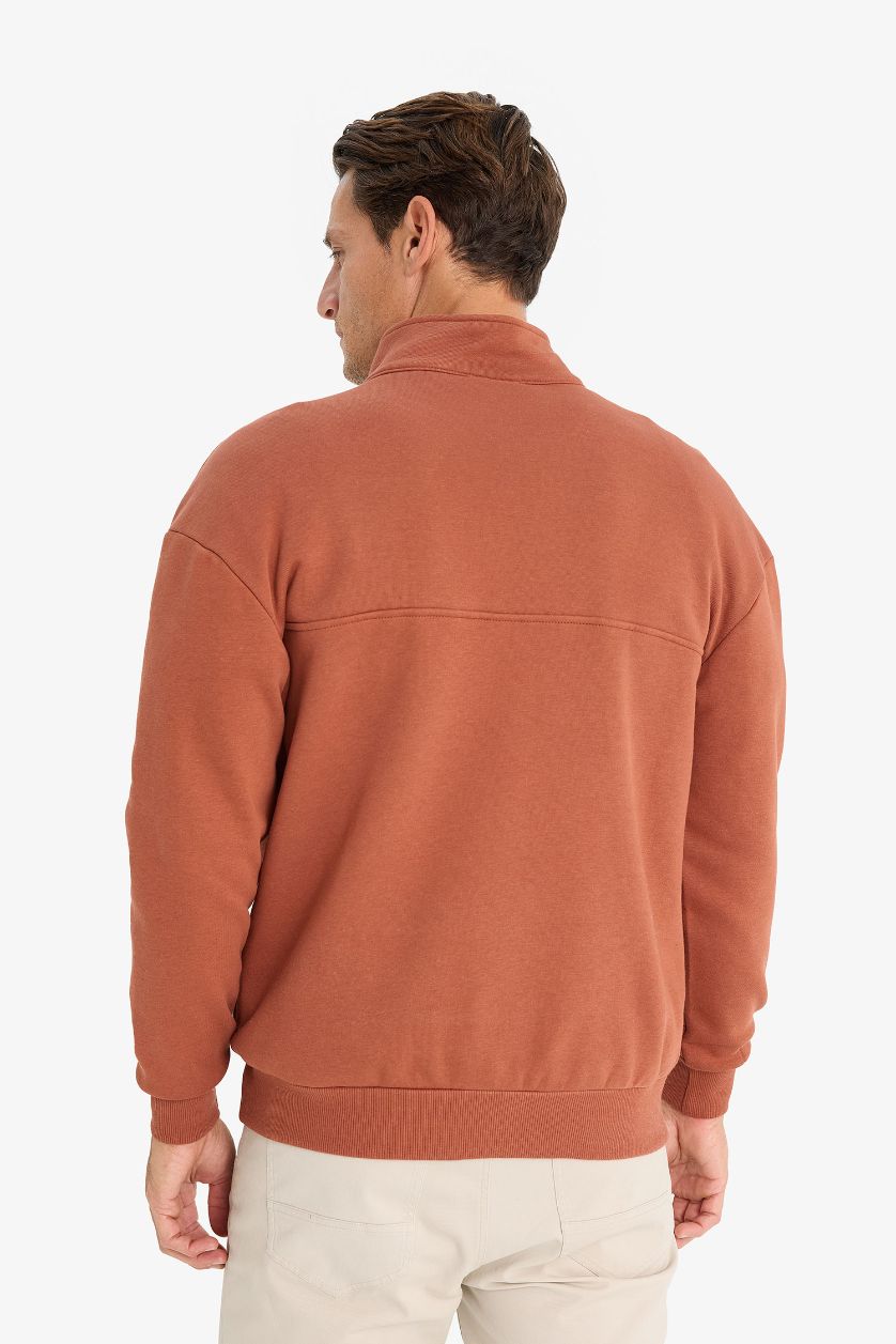 Erkek Açık Kahve Relax Fit Dik Yaka Fermuarlı Basic Düz Kalın Sweatshirt