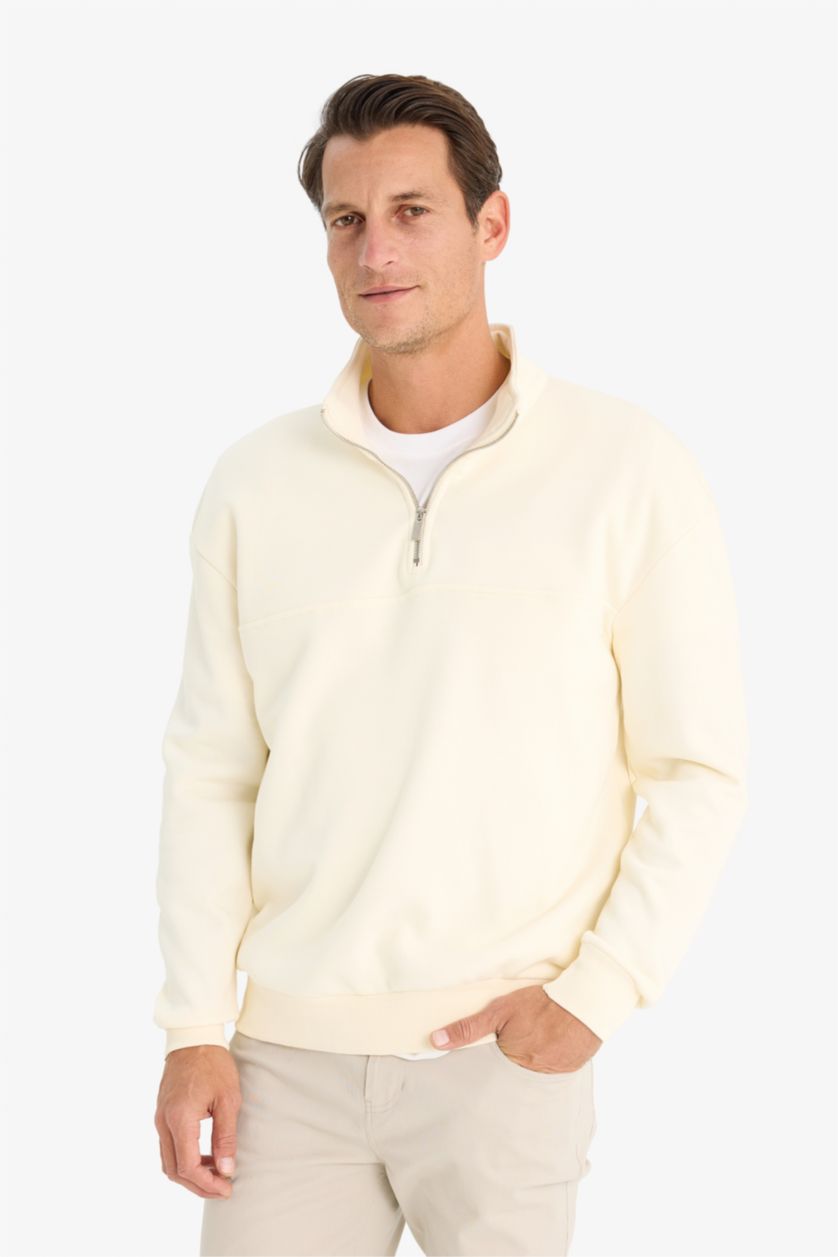 Erkek Ekru Relax Fit Dik Yaka Fermuarlı Basic Düz Kalın Sweatshirt