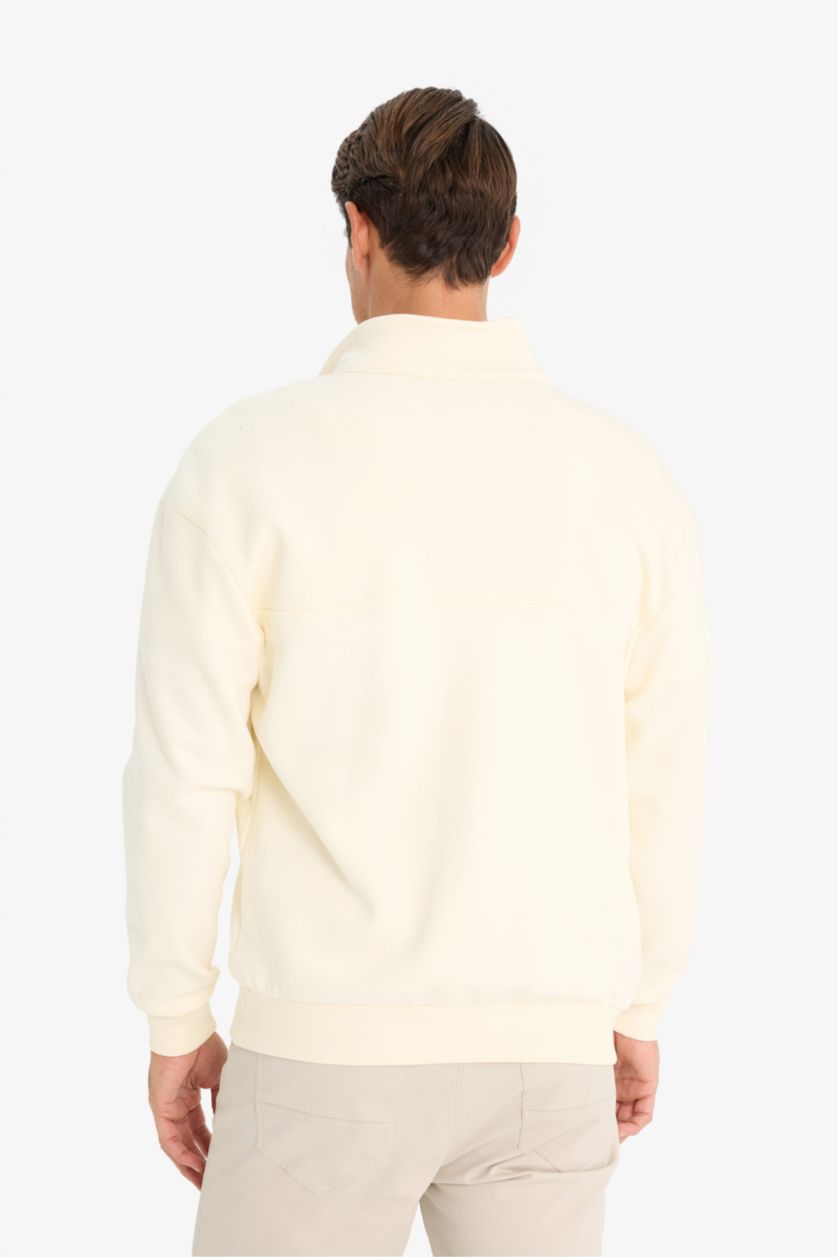 Erkek Ekru Relax Fit Dik Yaka Fermuarlı Basic Düz Kalın Sweatshirt