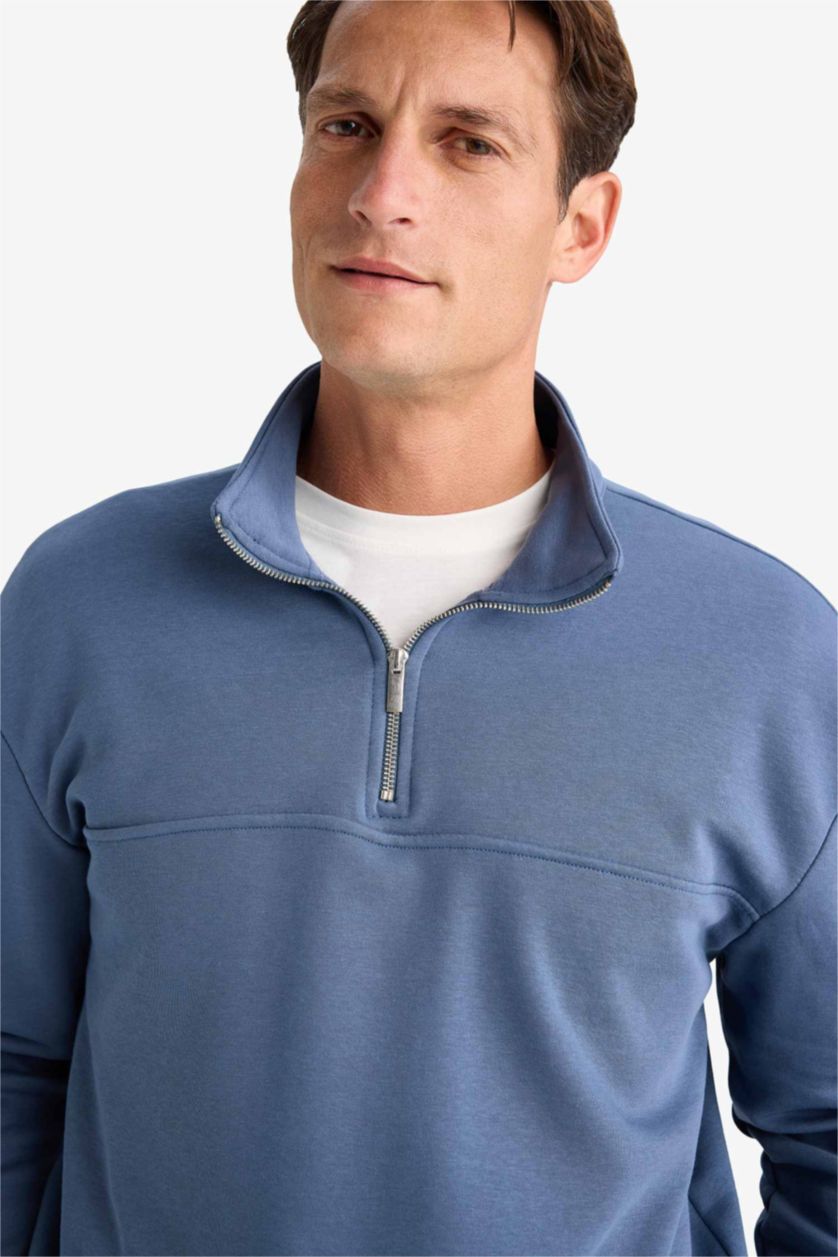 Erkek Açık İndigo Relax Fit Dik Yaka Fermuarlı Basic Düz Kalın Sweatshirt