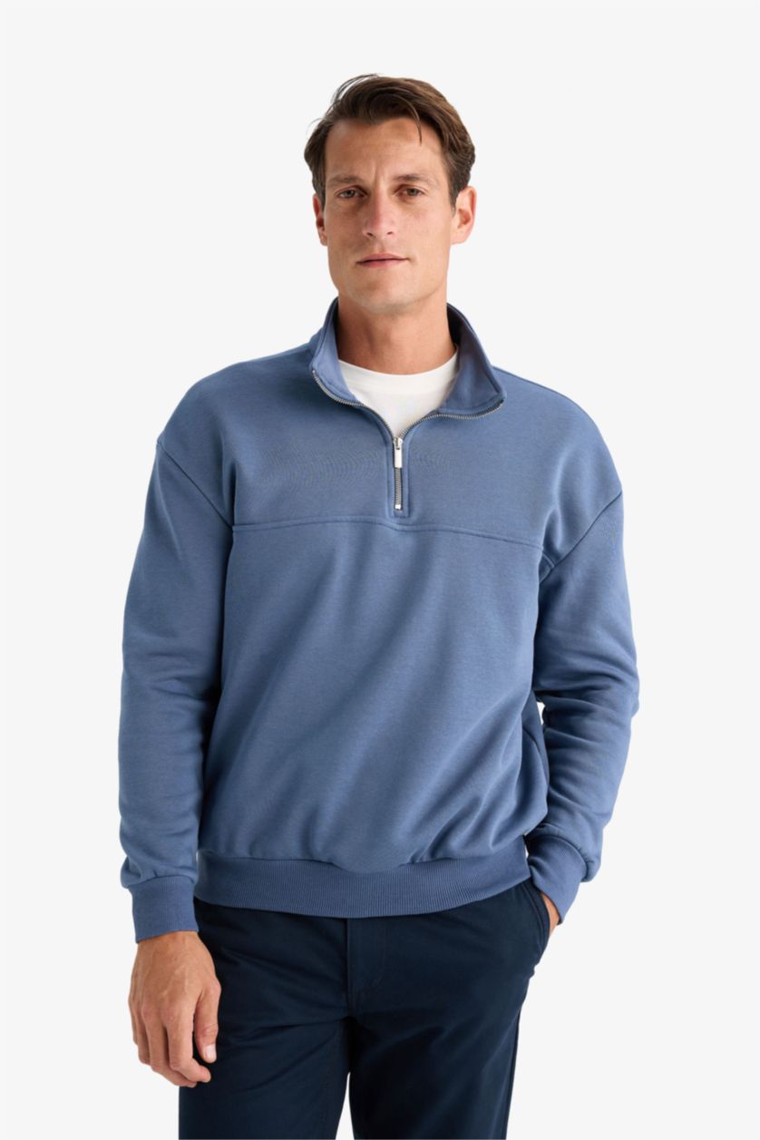 Erkek Açık İndigo Relax Fit Dik Yaka Fermuarlı Basic Düz Kalın Sweatshirt
