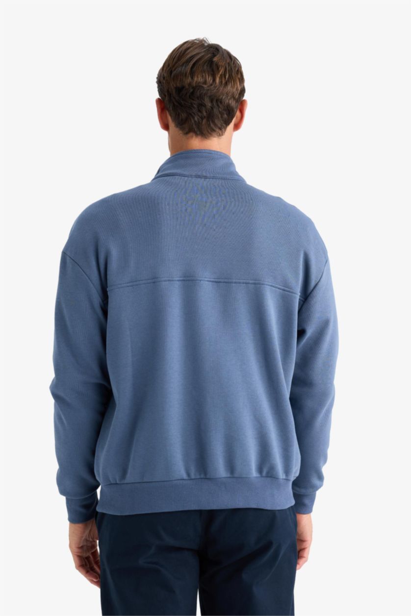 Erkek Açık İndigo Relax Fit Dik Yaka Fermuarlı Basic Düz Kalın Sweatshirt