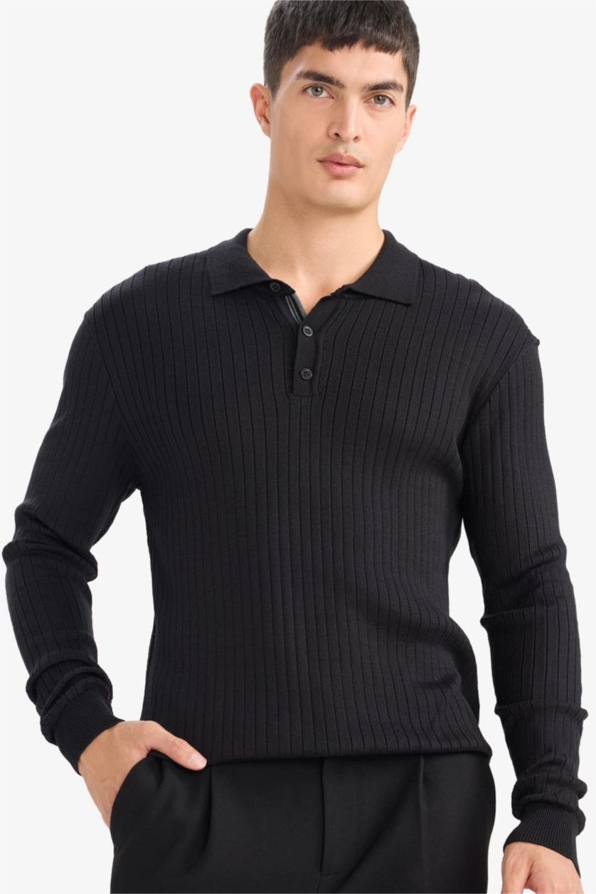 HOMME Noir Pull en maille à col polo Coupe standard