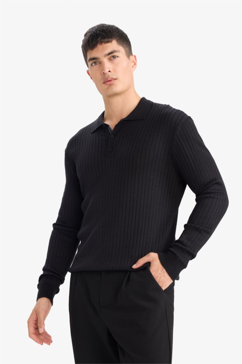 HOMME Noir Pull en maille à col polo Coupe standard