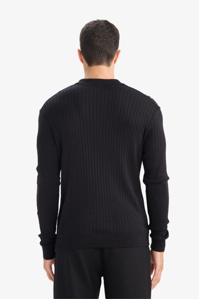 HOMME Noir Pull en maille à col polo Coupe standard