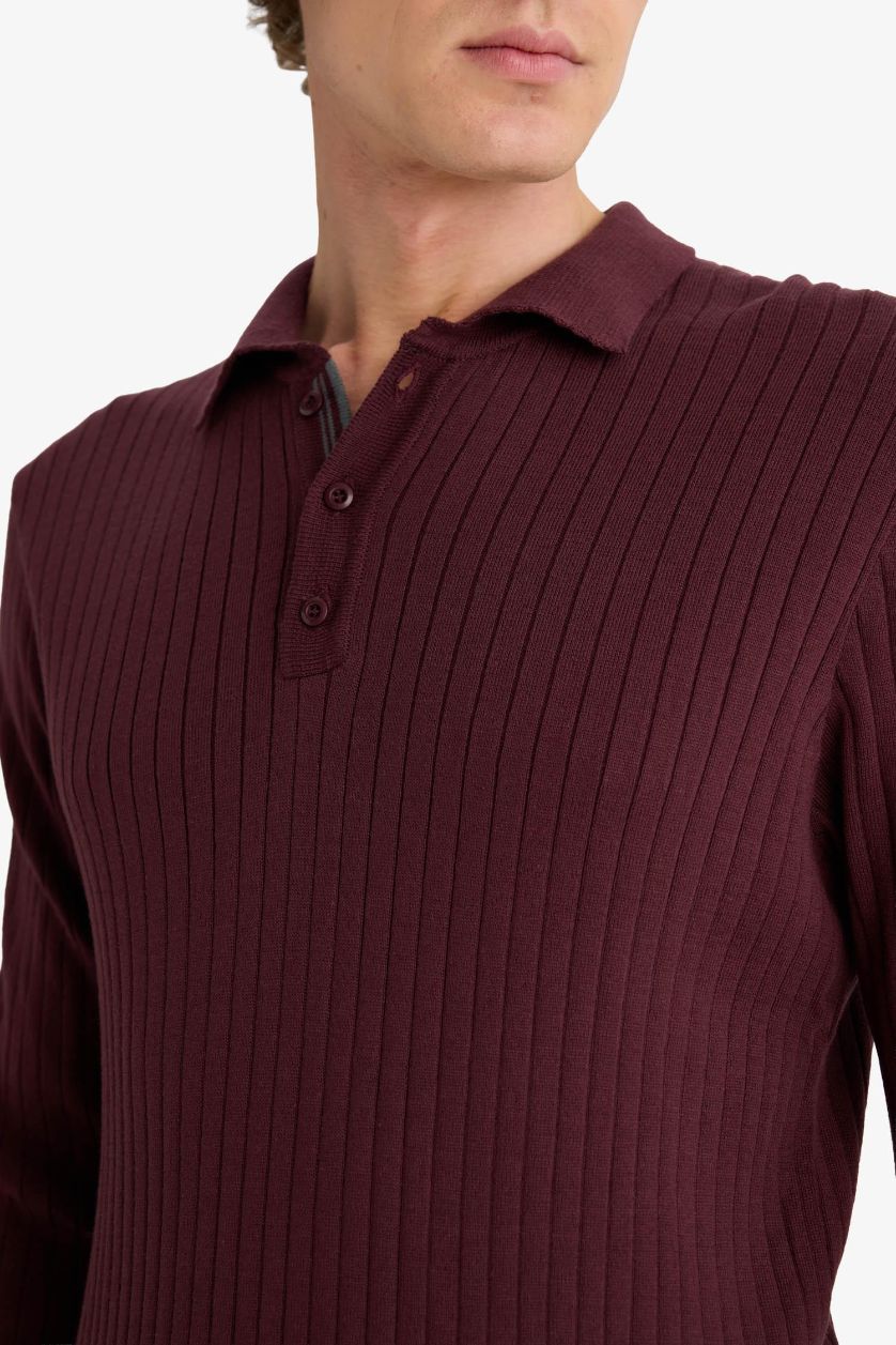 Erkek Bordo Standart Fıt Polo Yaka Triko Kazak