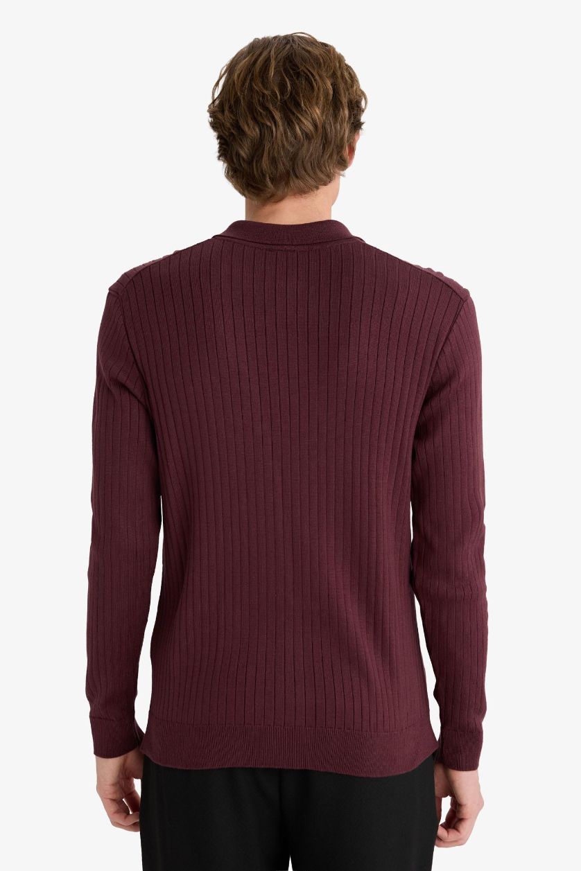 Erkek Bordo Standart Fıt Polo Yaka Triko Kazak