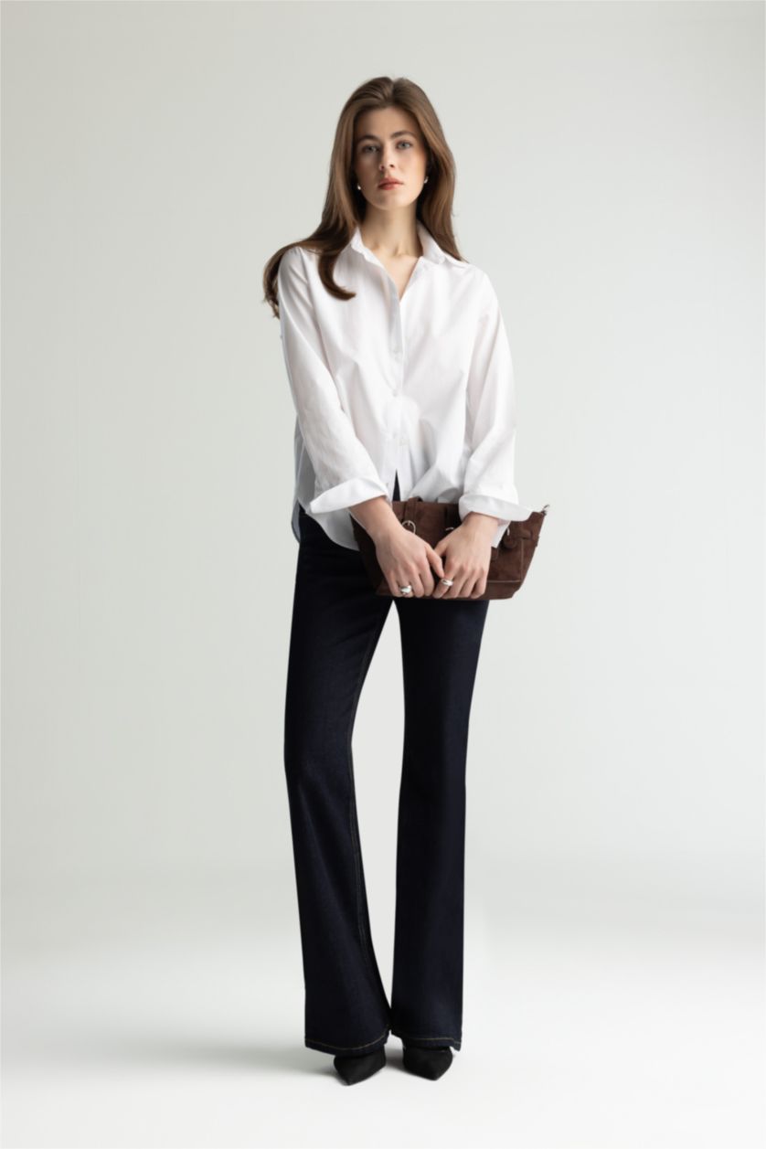 نساء أبيض قميص ابيض سادة ردن طويل بوبلين قصة عادية