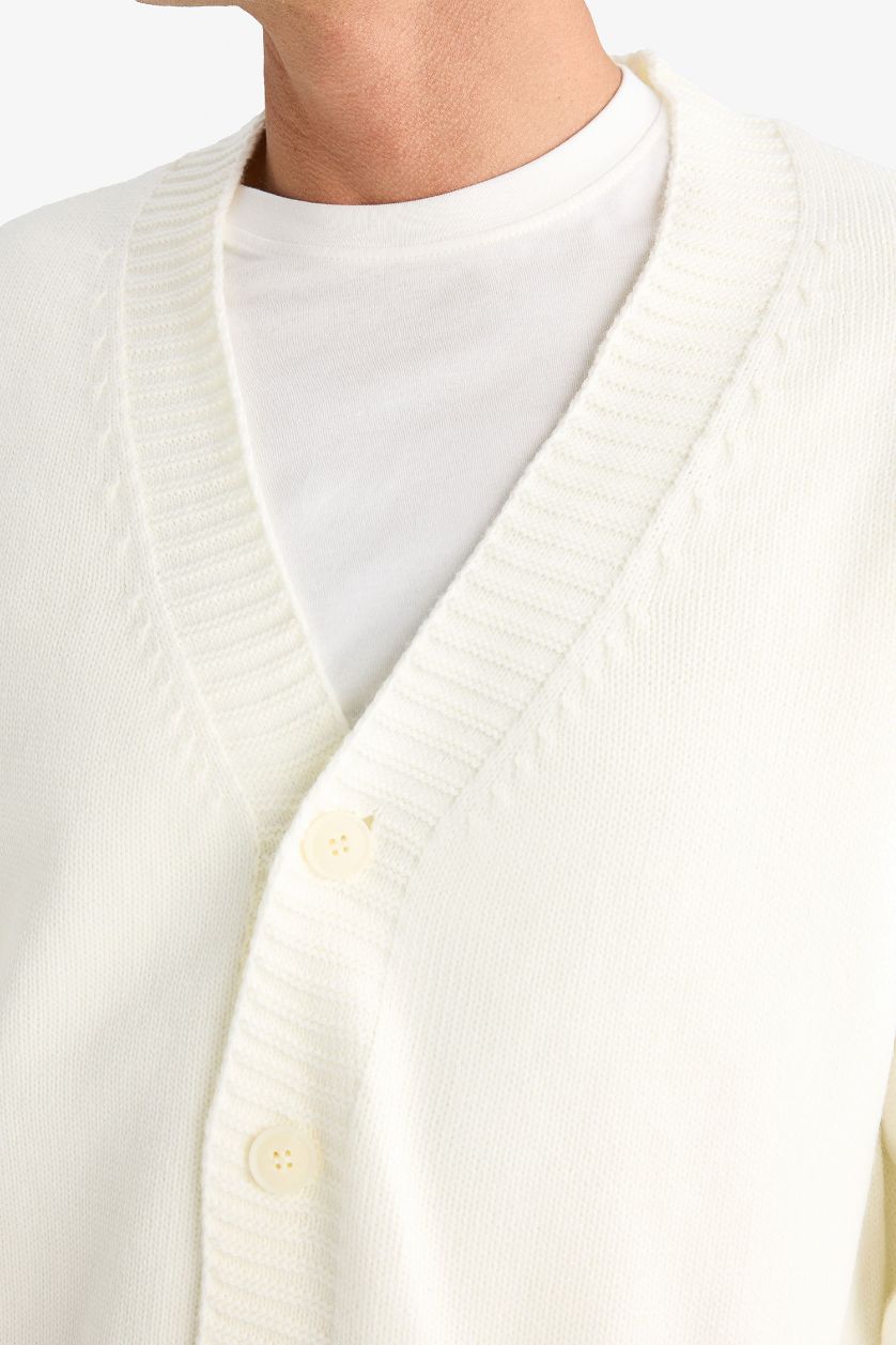 Erkek Ekru Relax Fit V Yaka Düğmeli Triko Hırka