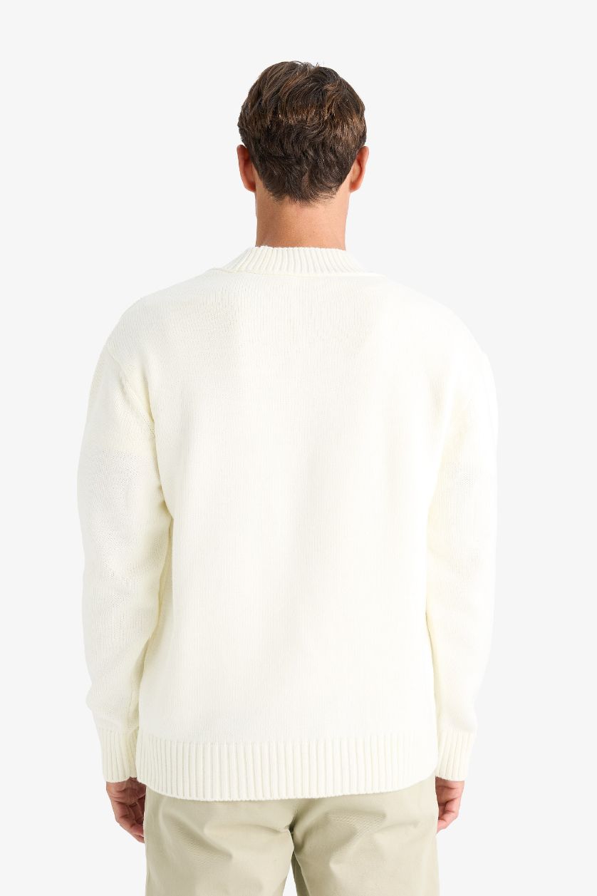 Erkek Ekru Relax Fit V Yaka Düğmeli Triko Hırka