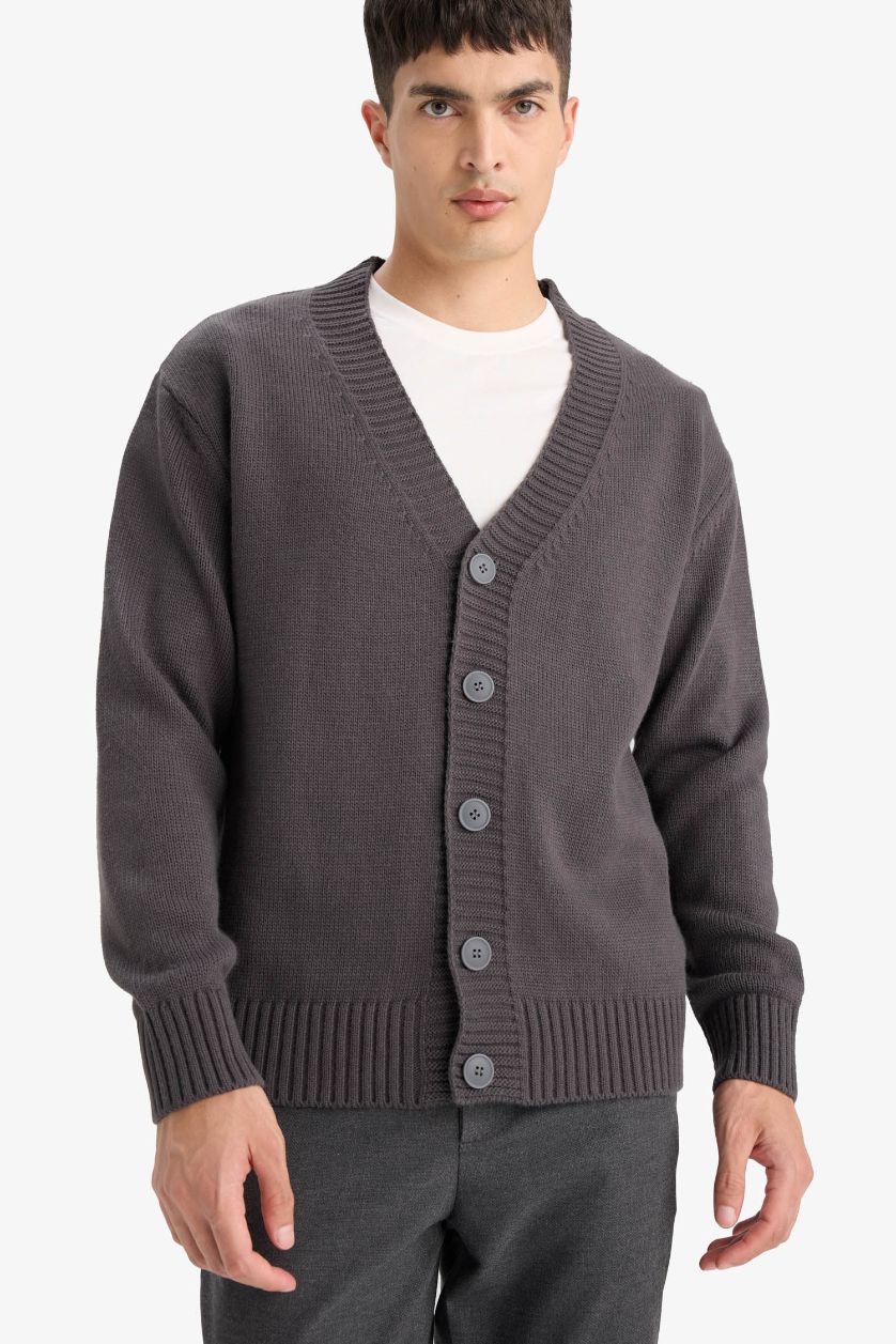 MAN Grey Relax Fit V-Neck Knit Cardigan